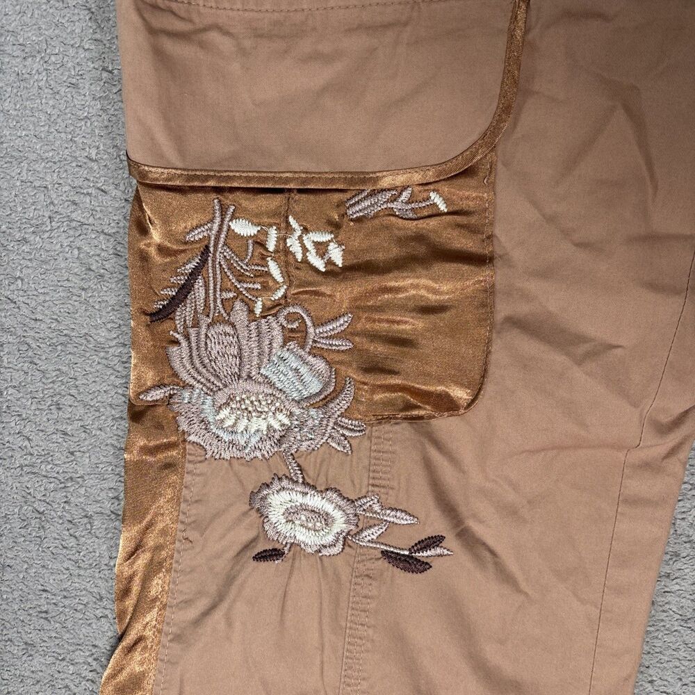 Cache Women’s Cropped Cargo Pants Size S Tan Brown Floral Boho Y2K Rave Fairy - Picture 5 of 15
